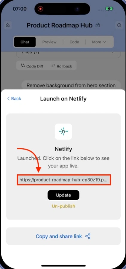 Confirmation screen showing live app link and control options.