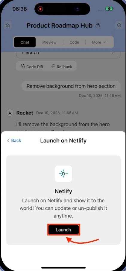 Launch on Netlify modal showing Netlify logo and Launch button.