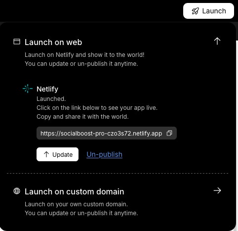 Confirmation screen showing live app link and control options.