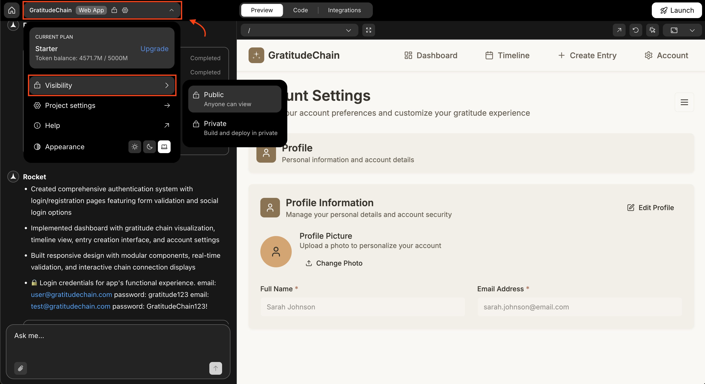 Project header with a dropdown next to the app name for switching visibility.