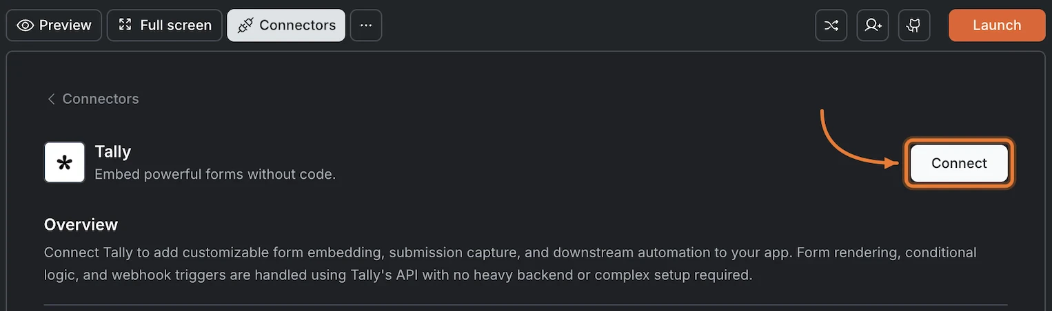Connectors panel showing the Tally card with a Connect button.