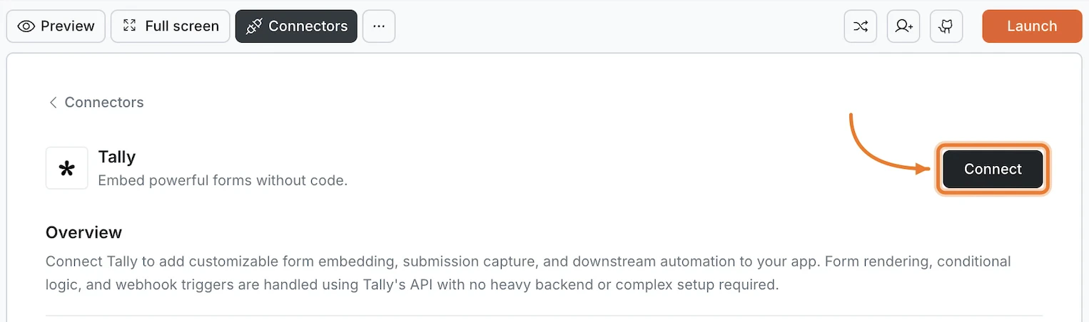 Connectors panel showing the Tally card with a Connect button.