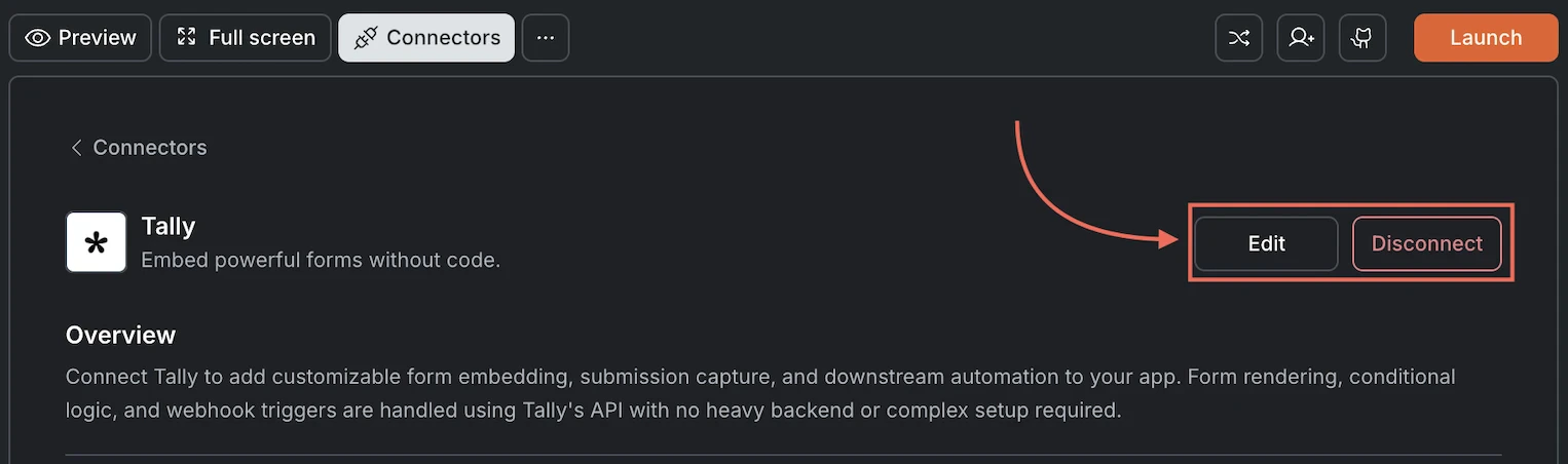 Tally card showing Edit and Disconnect buttons.