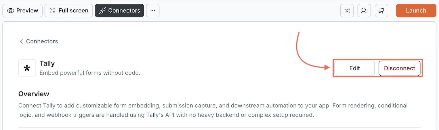 Tally card showing Edit and Disconnect buttons.