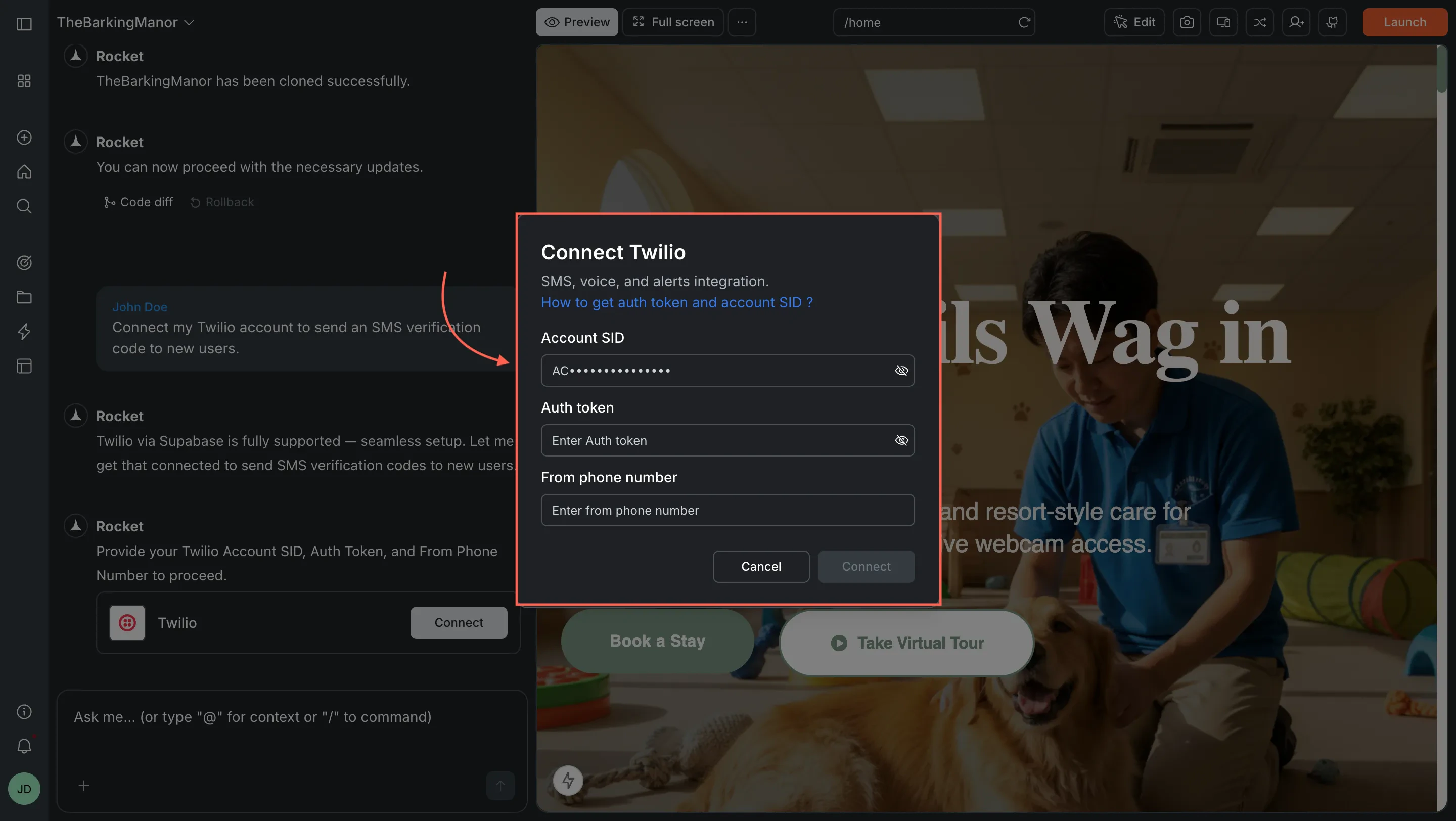 Connect Twilio popup with Account SID, Auth Token, and From phone number fields.