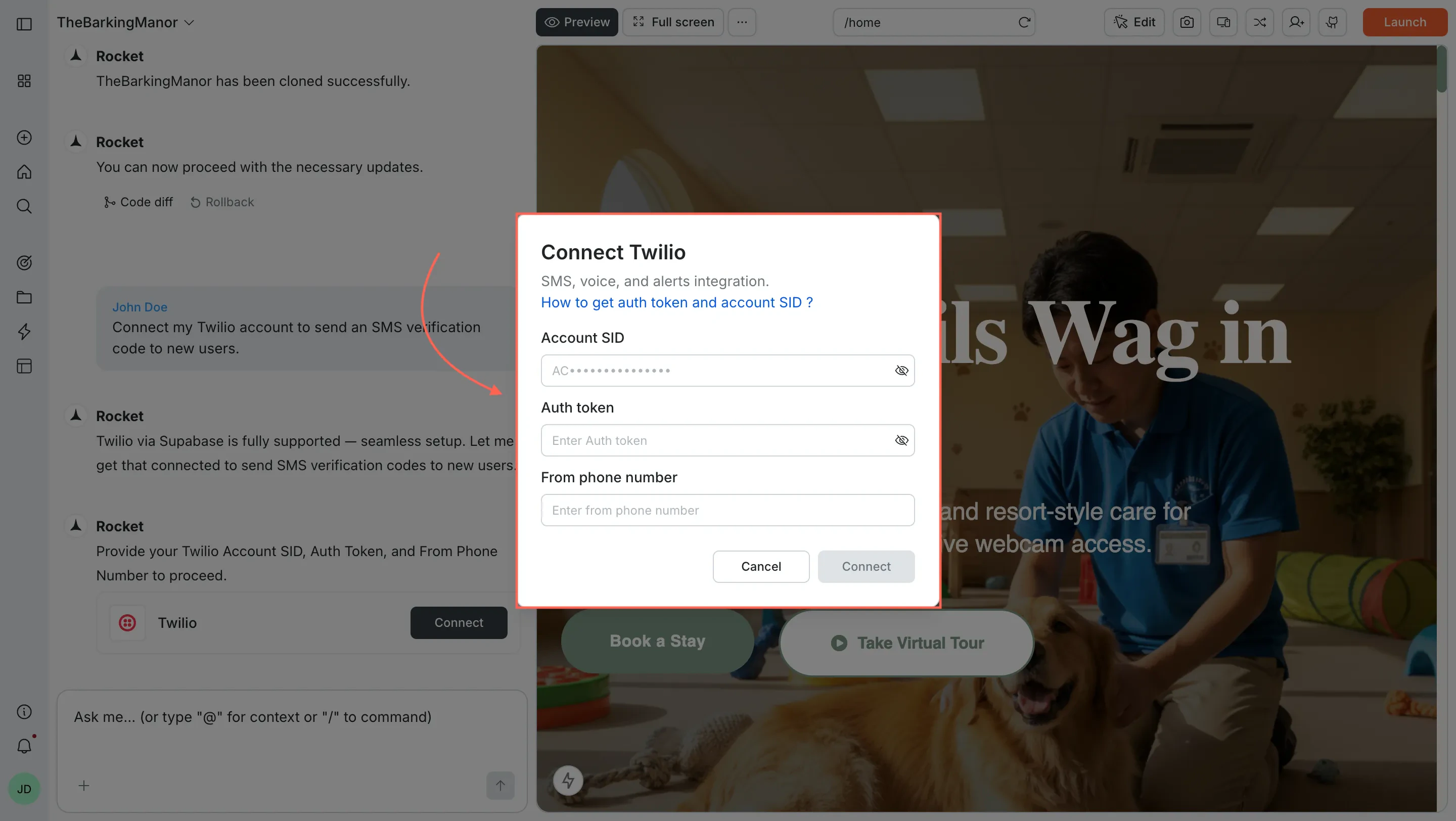 Connect Twilio popup with Account SID, Auth Token, and From phone number fields.