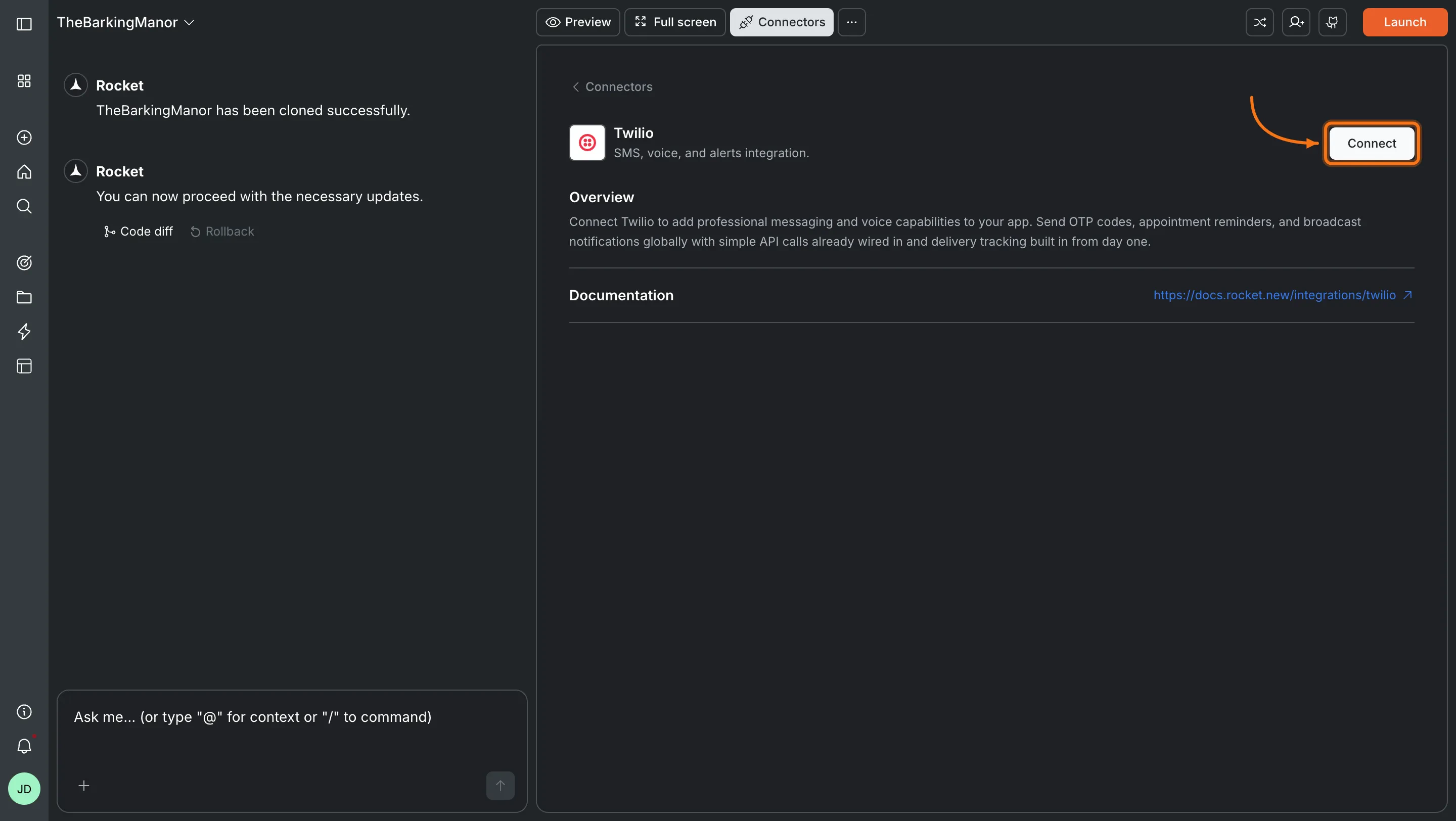Connectors panel showing the Twilio card with a Connect button.