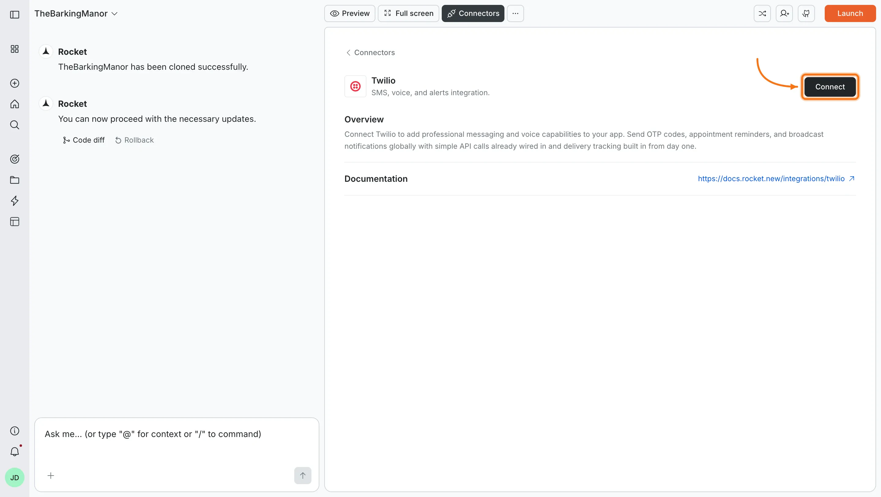 Connectors panel showing the Twilio card with a Connect button.