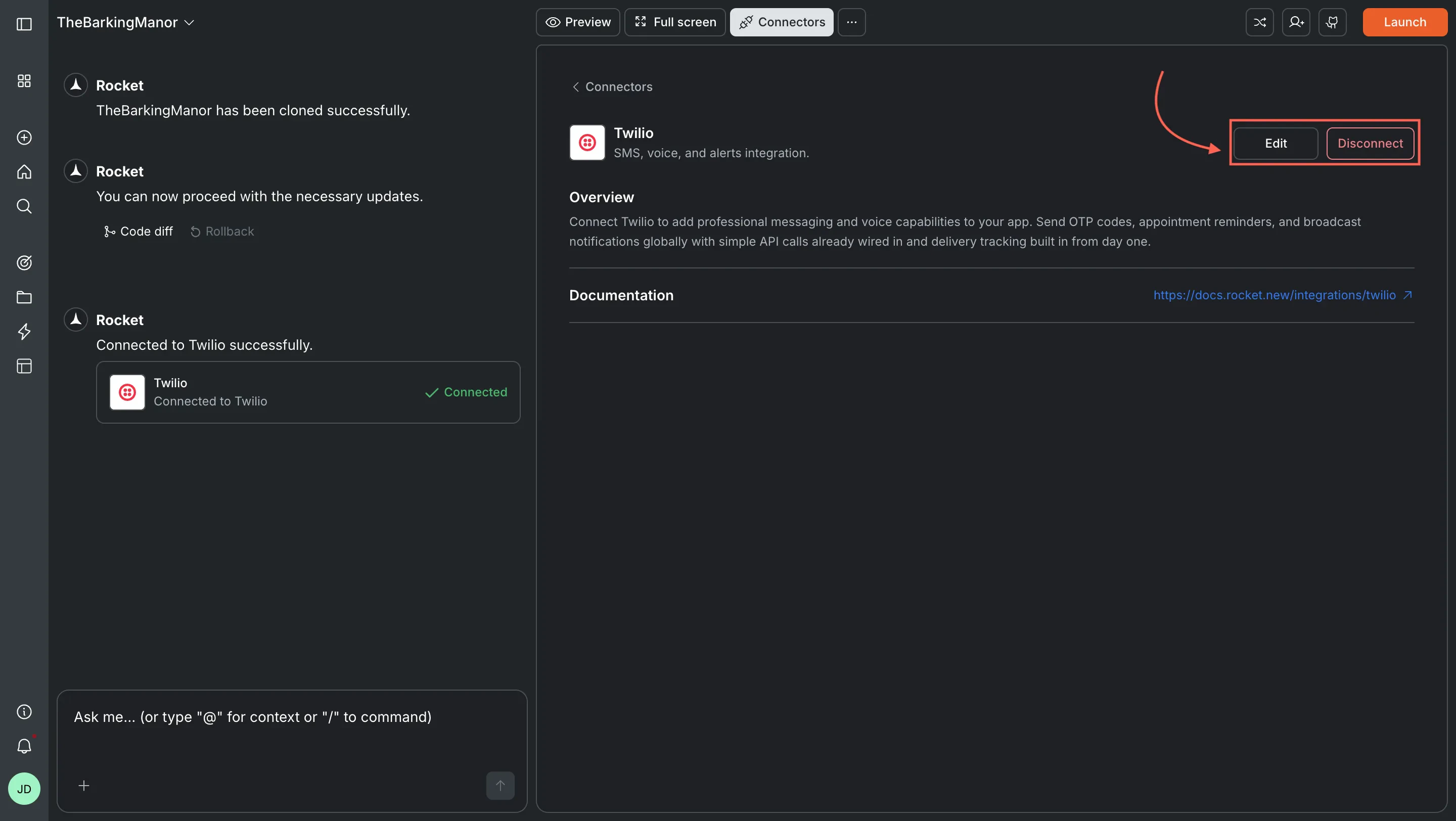 Twilio card showing Edit and Disconnect buttons.