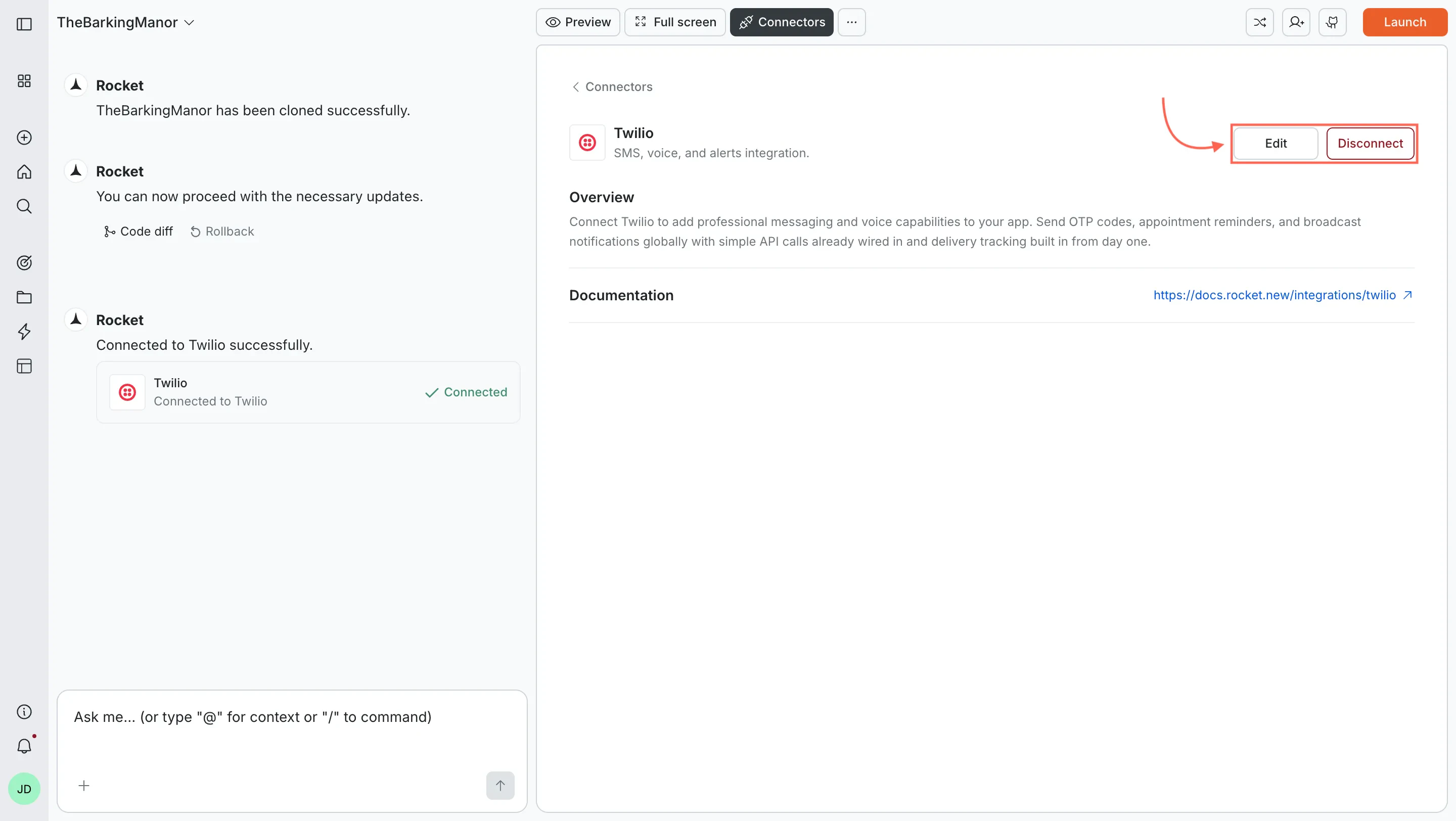 Twilio card showing Edit and Disconnect buttons.