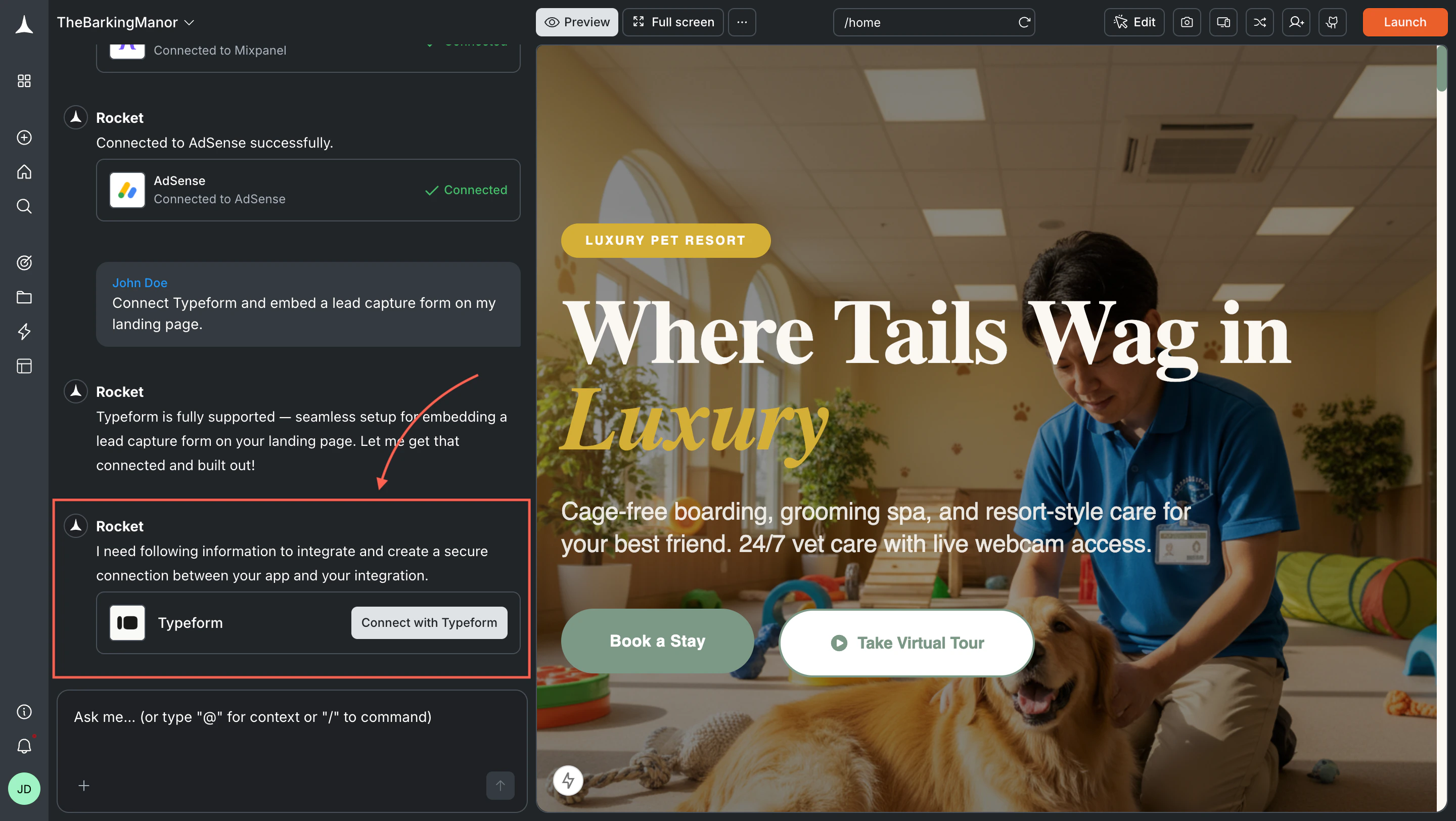 Rocket chat panel showing a Connect prompt for Typeform.