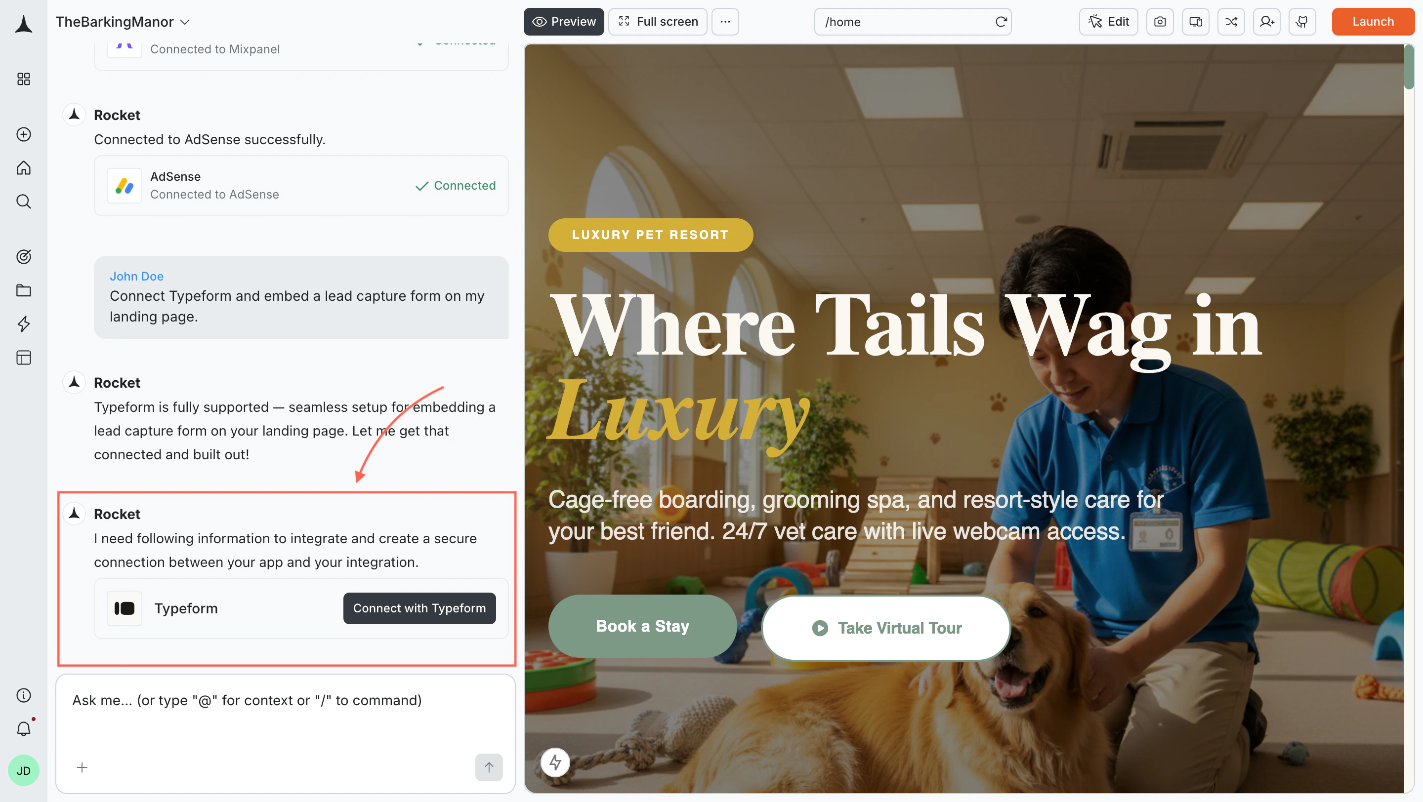 Rocket chat panel showing a Connect prompt for Typeform.