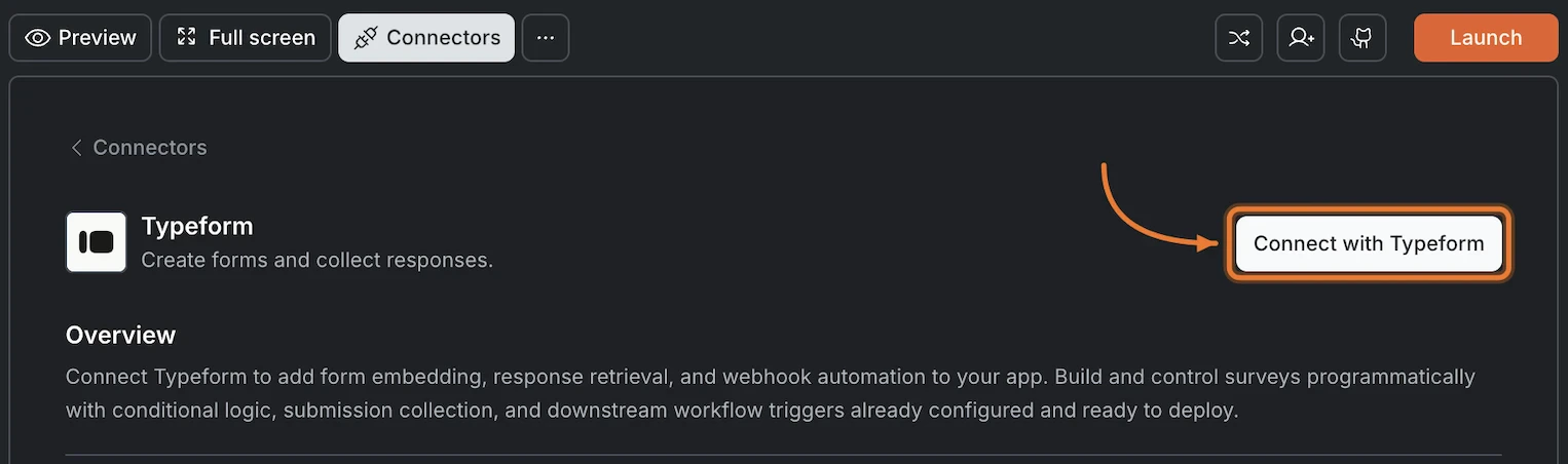 Connectors panel showing the Typeform card with a Connect with Typeform button.