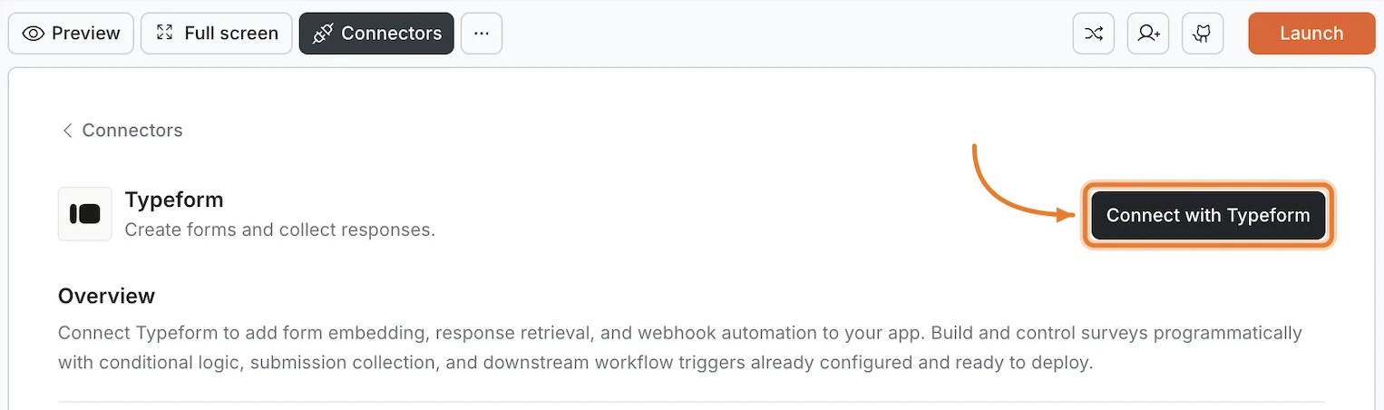 Connectors panel showing the Typeform card with a Connect with Typeform button.
