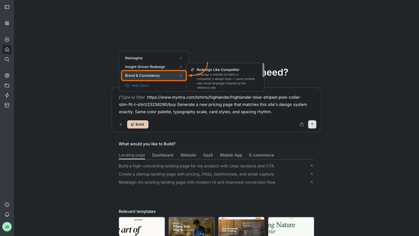Slash command menu open on the Rocket homepage showing redesign command categories.