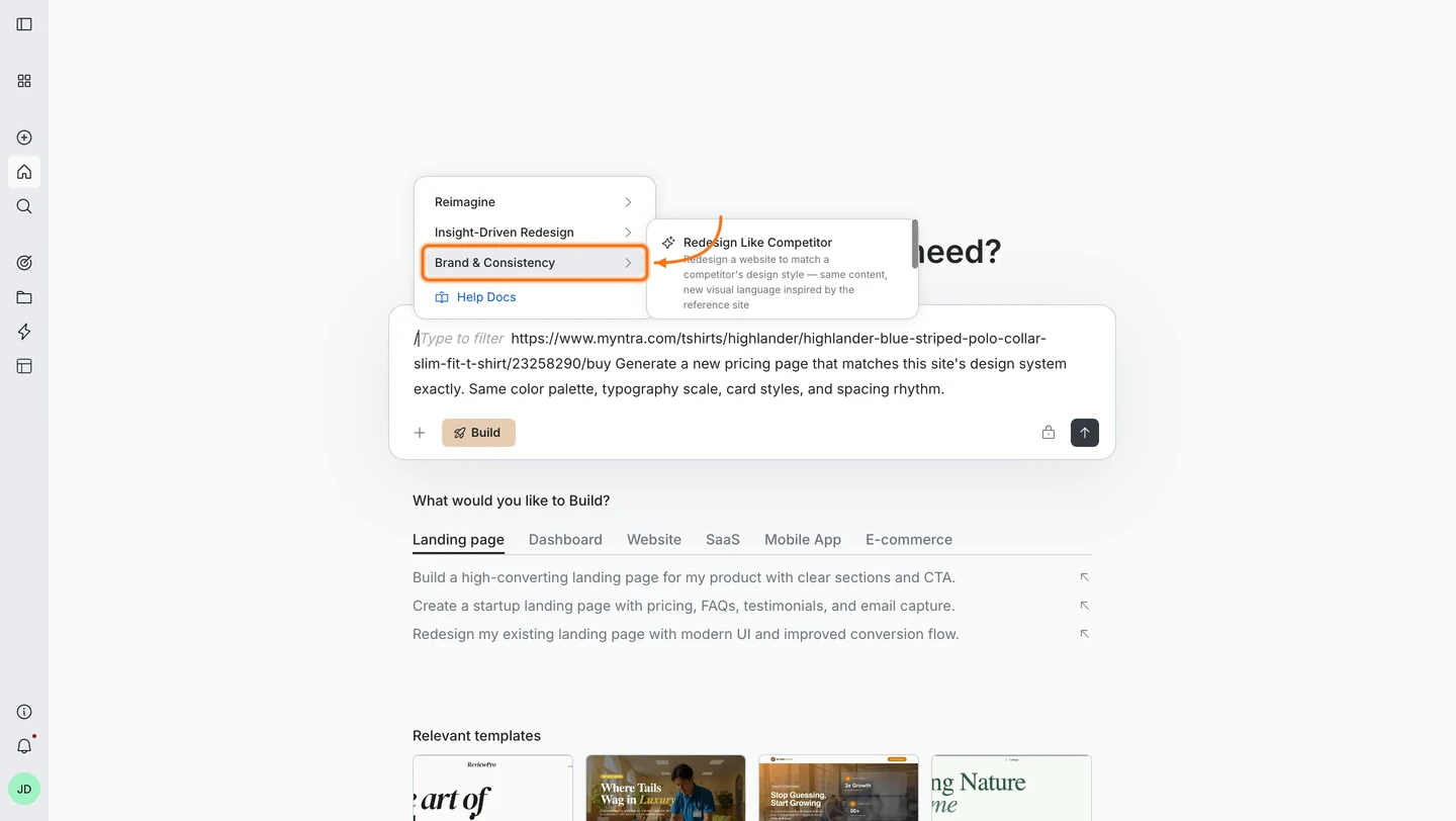 Slash command menu open on the Rocket homepage showing redesign command categories.