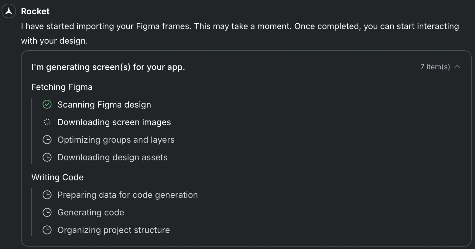 Generation progress panel showing Fetching Figma and Writing Code steps with live status updates.
