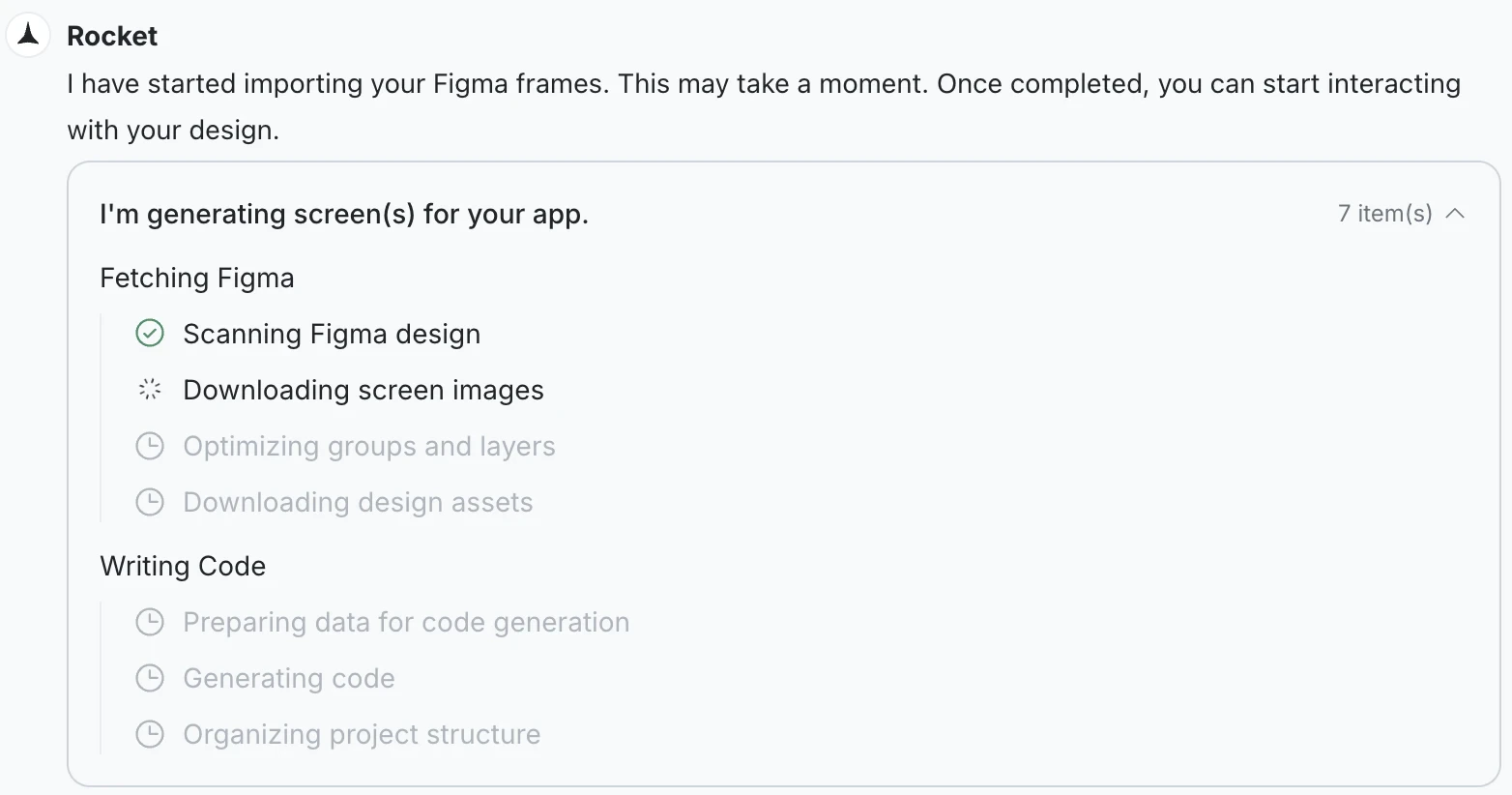 Generation progress panel showing Fetching Figma and Writing Code steps with live status updates.