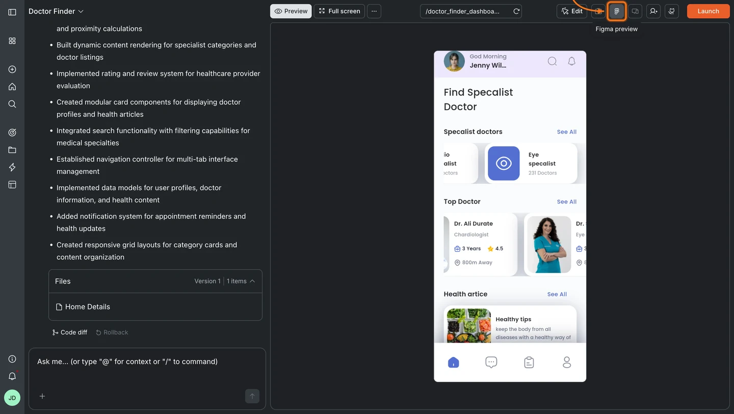 Rocket editor with the Figma icon highlighted in the top-right navbar and the Figma design displayed in the preview panel.
