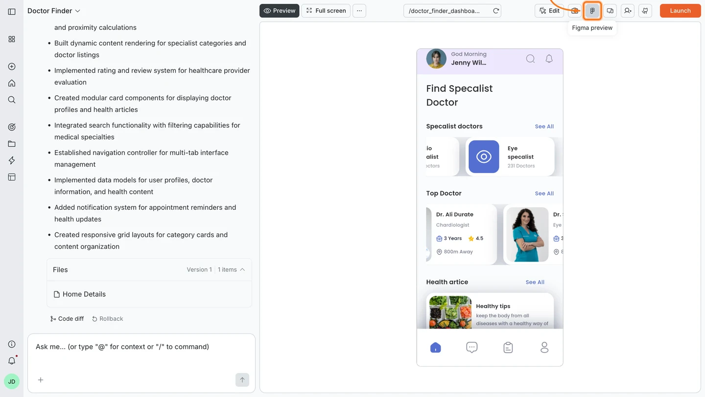 Rocket editor with the Figma icon highlighted in the top-right navbar and the Figma design displayed in the preview panel.