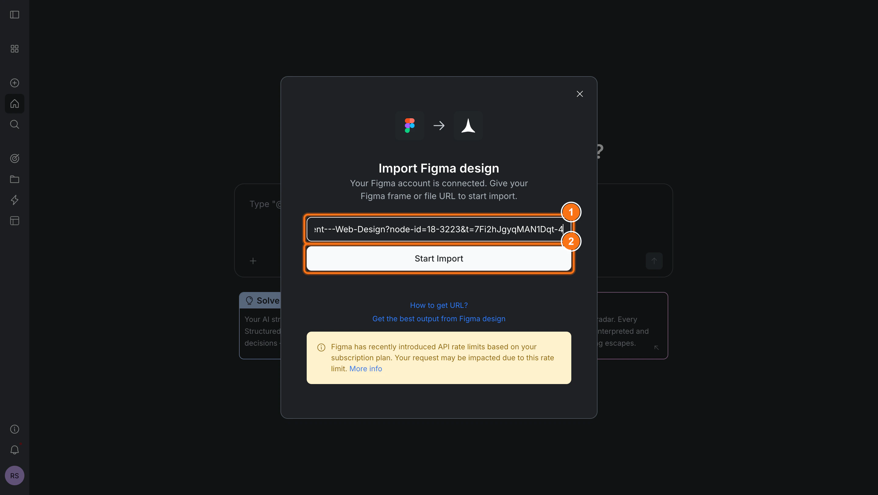 Import Figma design dialog with a URL input field and Start import button.