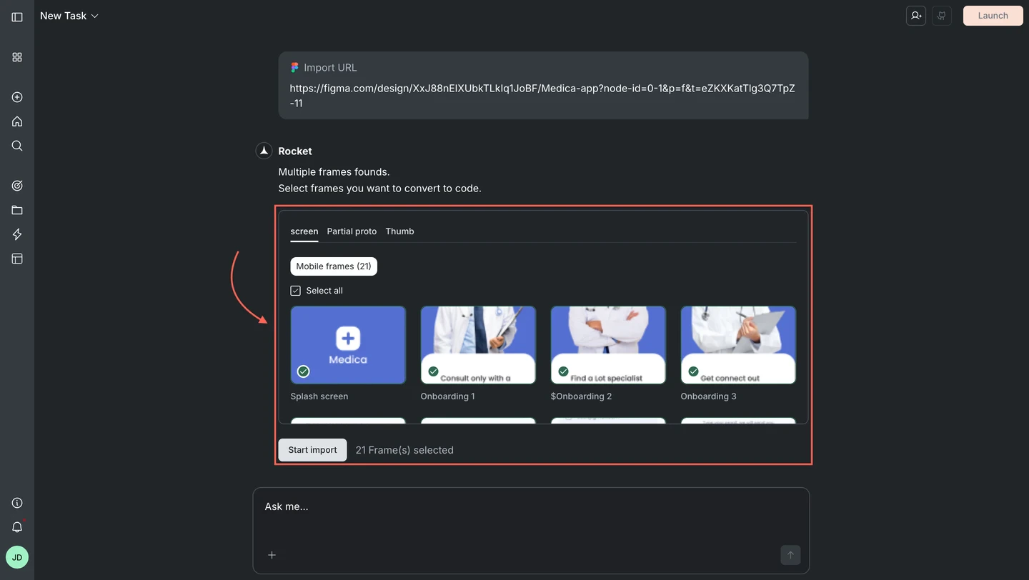 Screen selection panel showing Mobile frames tab with thumbnails and a Start import button.