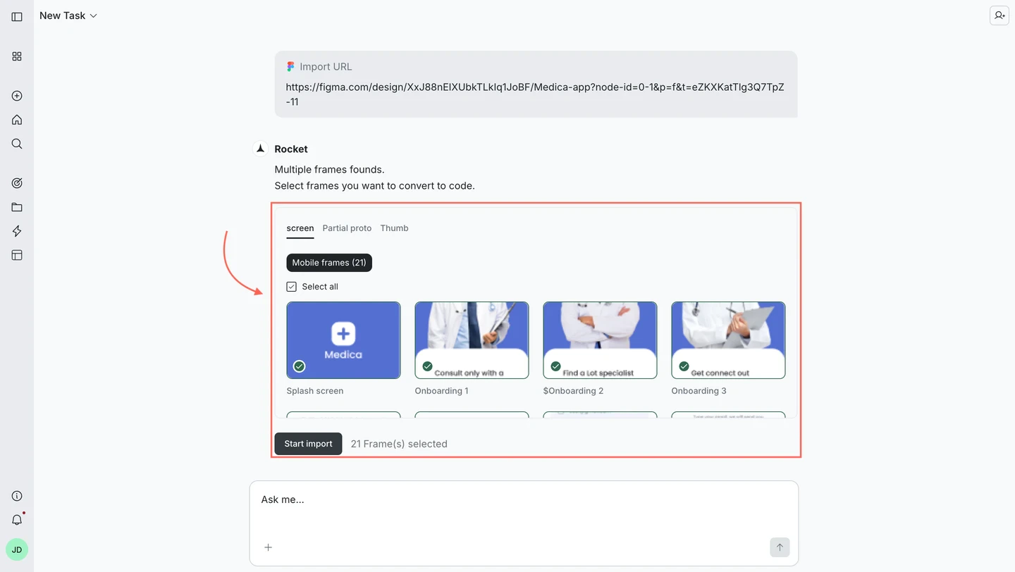 Screen selection panel showing Mobile frames tab with thumbnails and a Start import button.