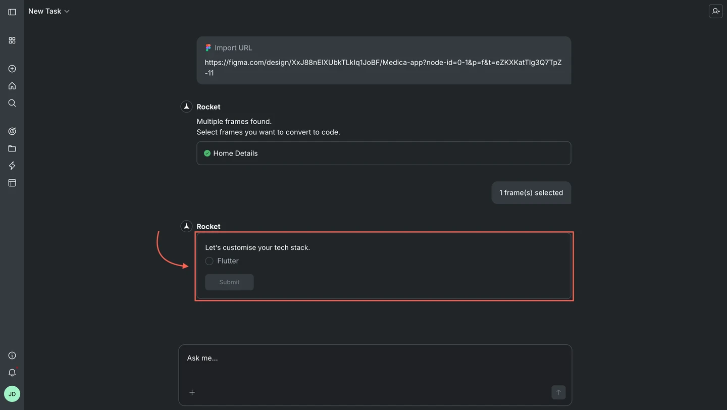 Tech stack selection showing Flutter as the only option with a Submit button.