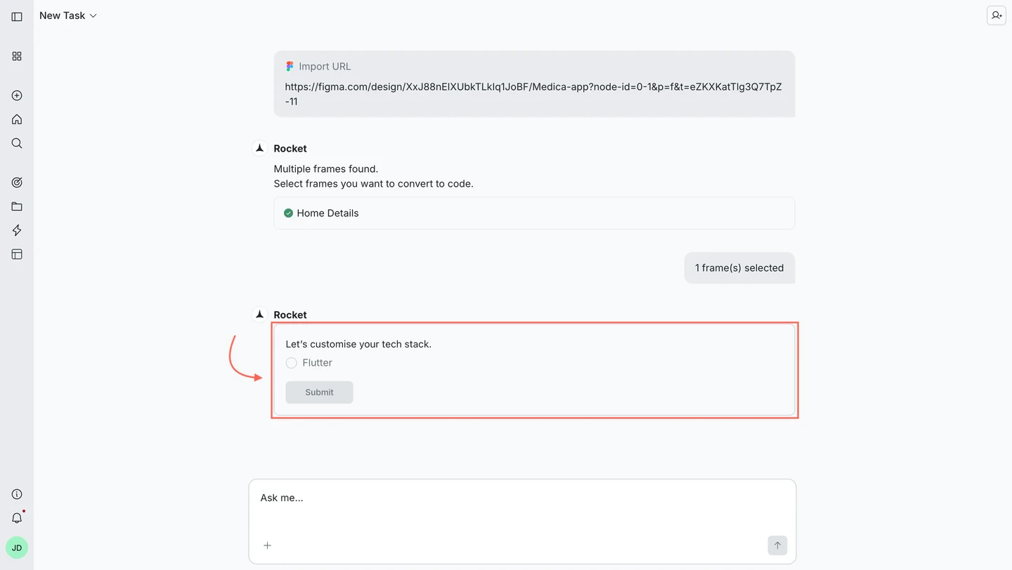 Tech stack selection showing Flutter as the only option with a Submit button.