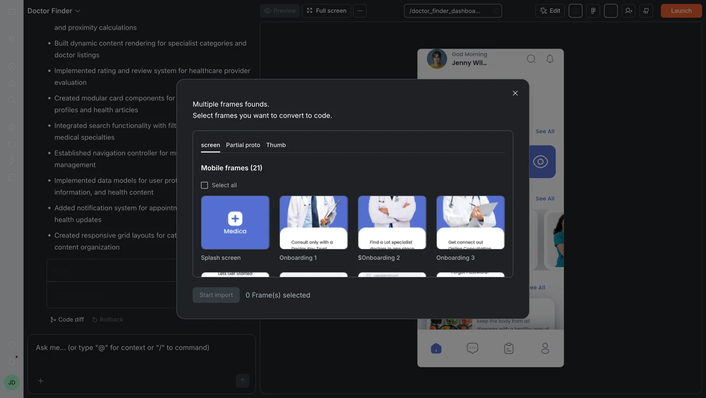 Frame picker modal showing Mobile frames with thumbnails and a Start import button.