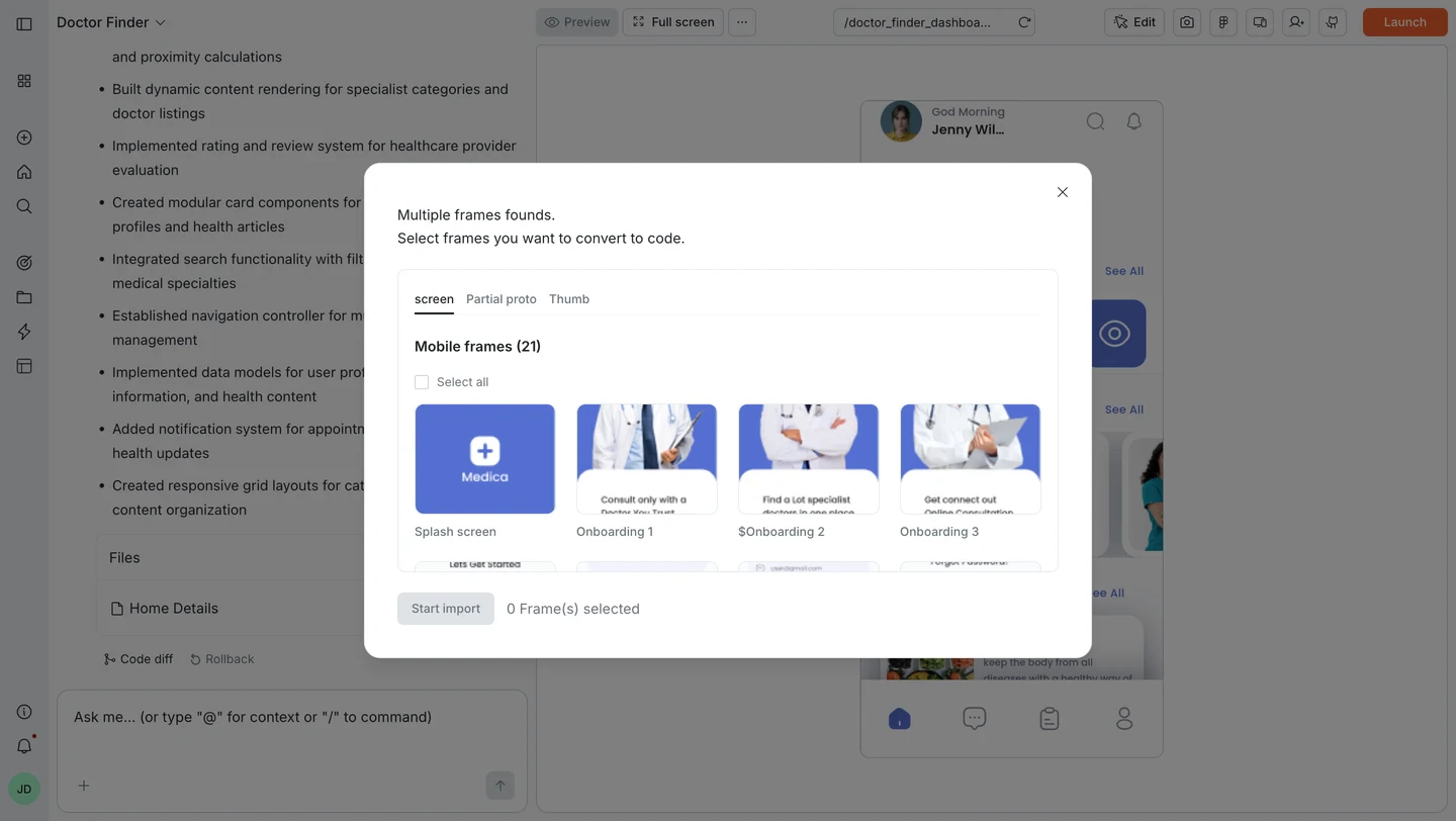 Frame picker modal showing Mobile frames with thumbnails and a Start import button.