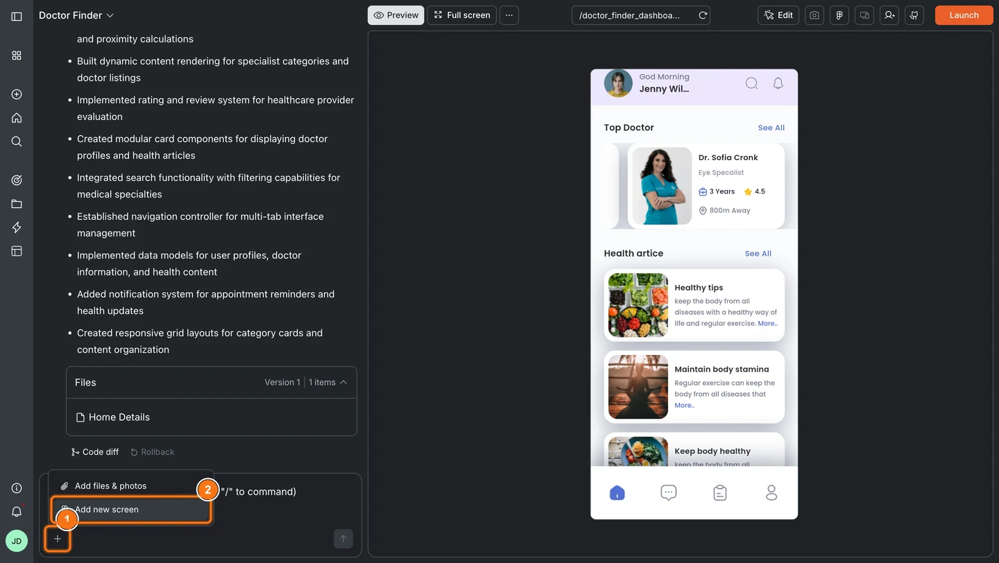 Chat input + menu open with Add new screen highlighted.