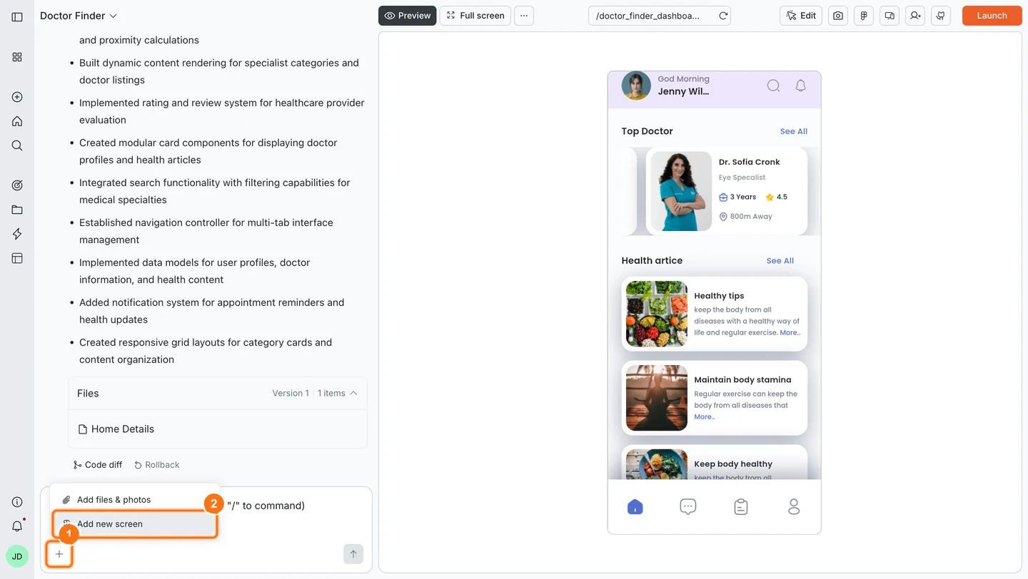 Chat input + menu open with Add new screen highlighted.