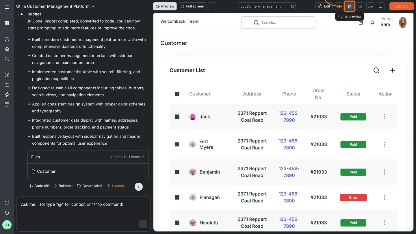 Rocket editor with the Figma icon highlighted in the top-right navbar and the Figma design displayed in the preview panel.