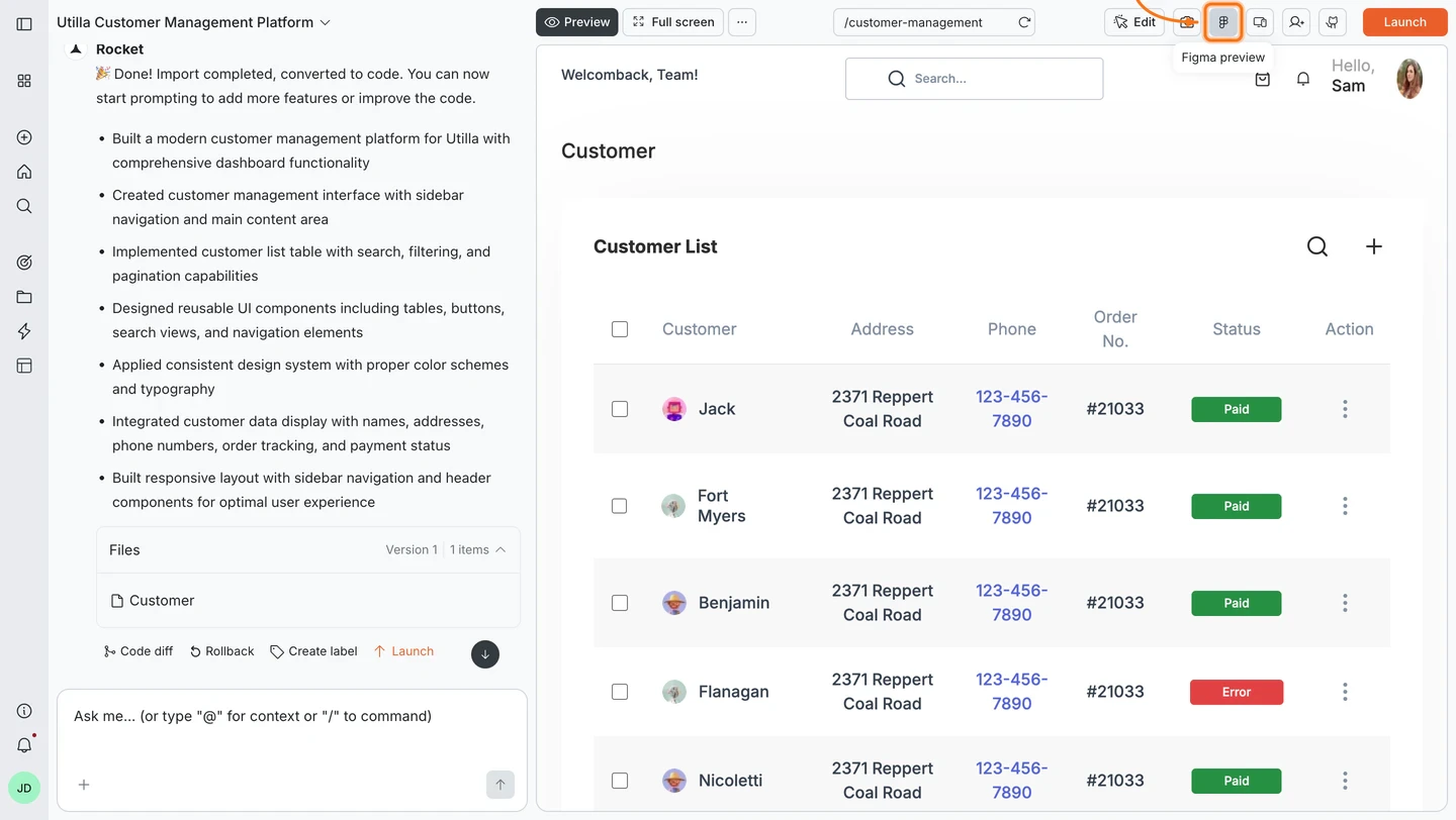 Rocket editor with the Figma icon highlighted in the top-right navbar and the Figma design displayed in the preview panel.