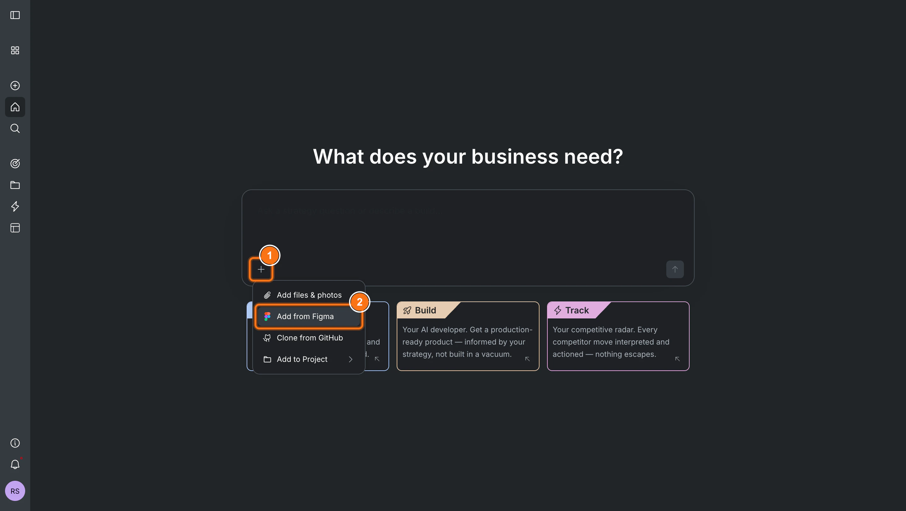 Chat input with + menu open, showing Add from Figma option.