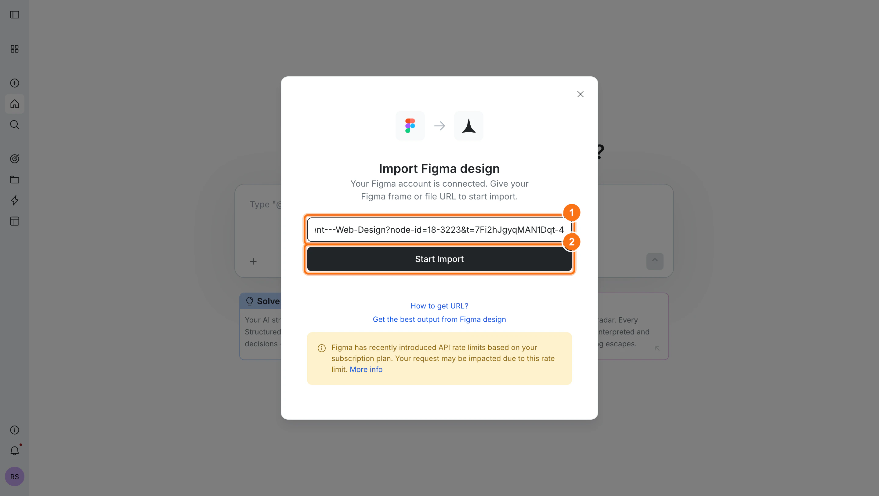 Import Figma design dialog with a URL input field and Start Import button.