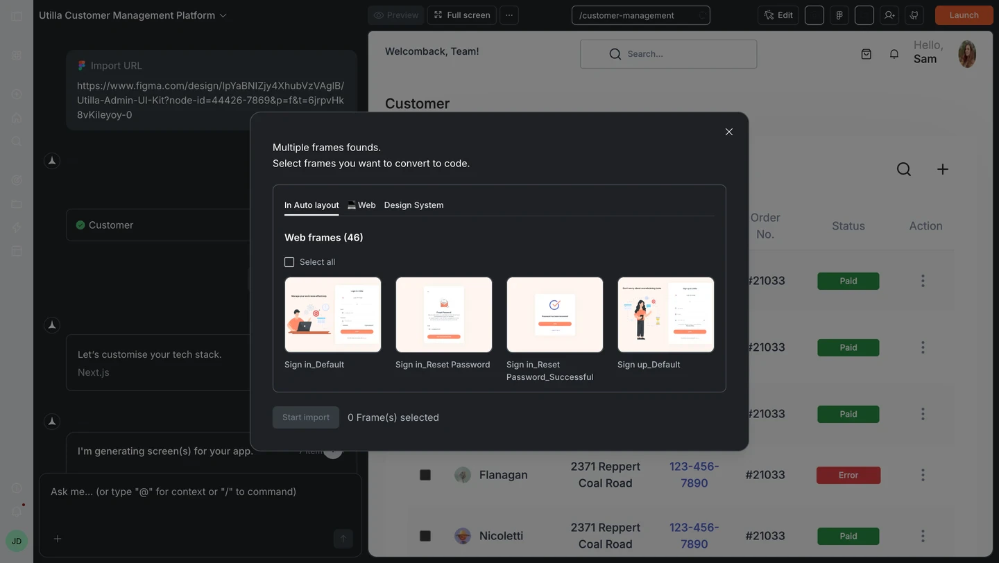 Frame picker modal showing Web frames with thumbnails and a Start import button.