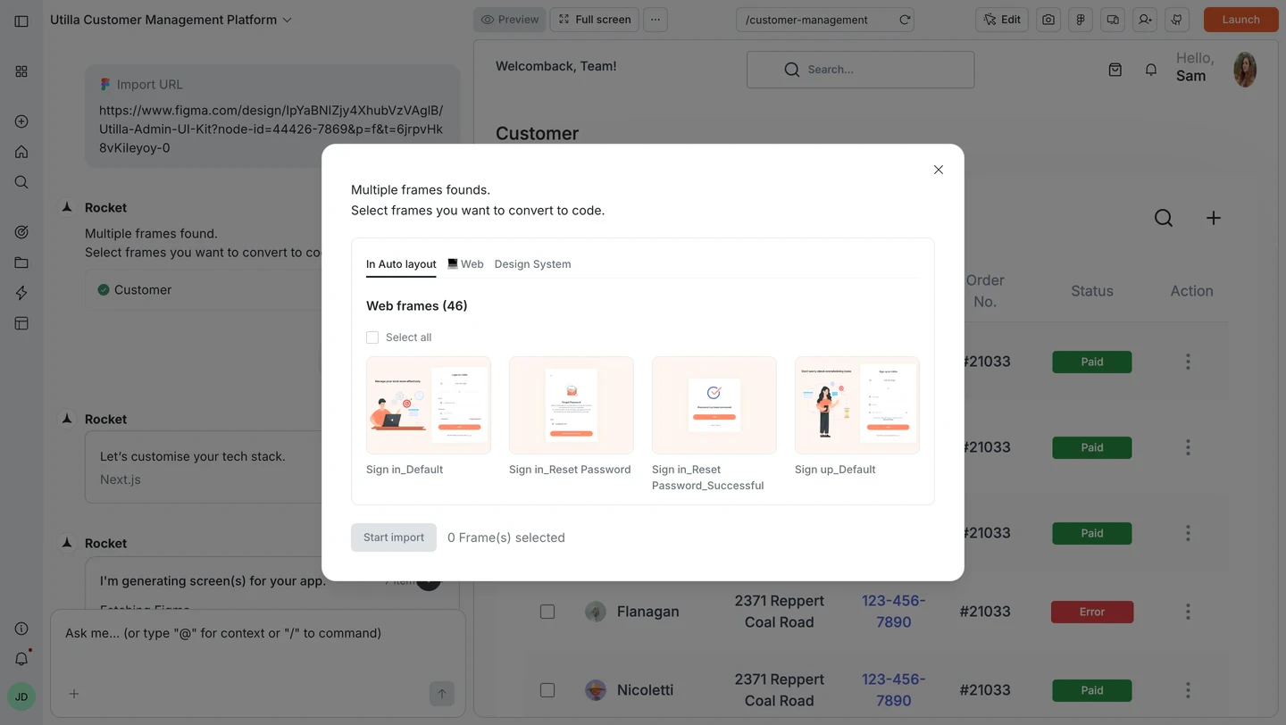 Frame picker modal showing Web frames with thumbnails and a Start import button.