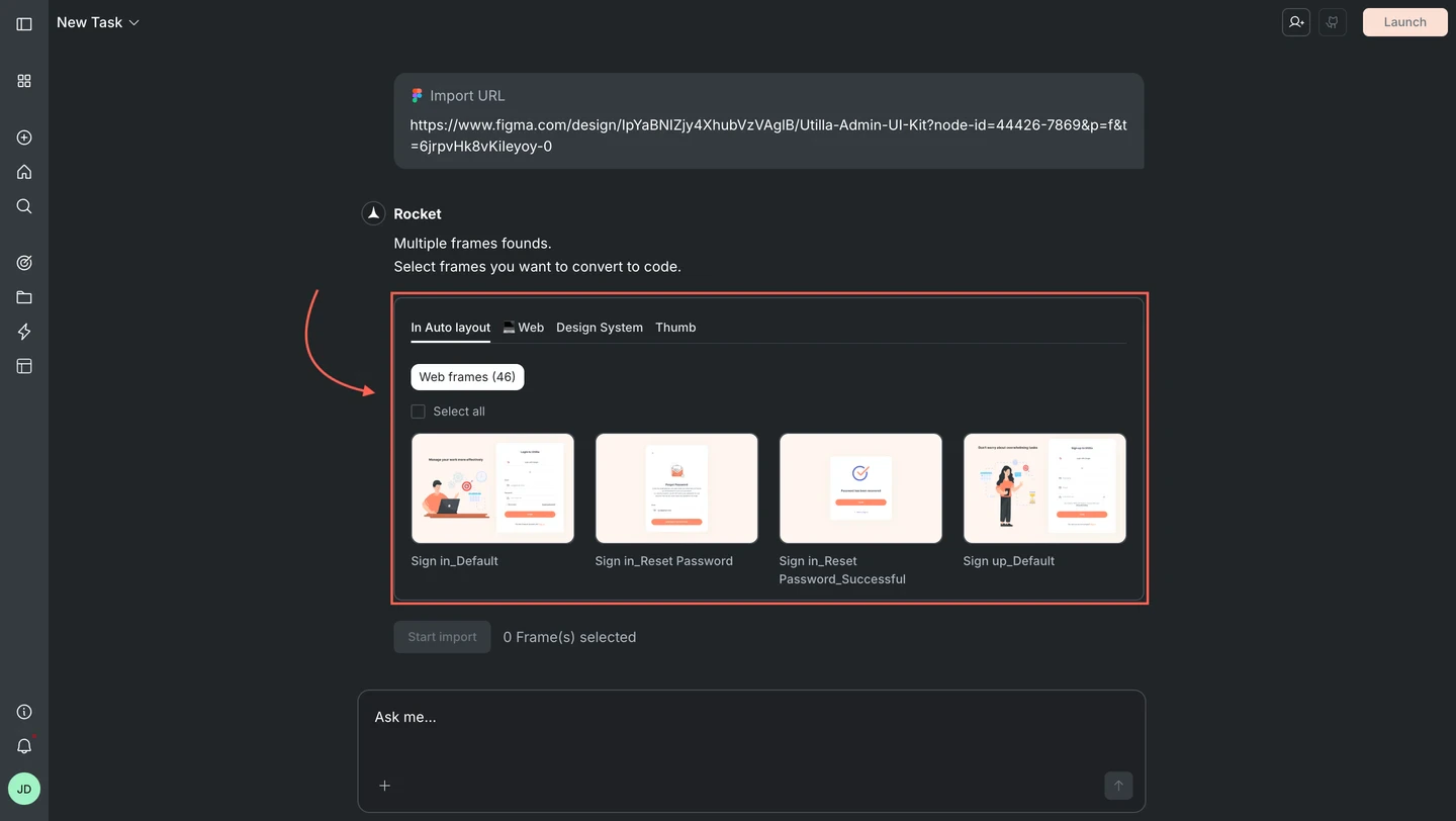 Frame selection panel showing Web frames tab with thumbnails and a Start import button.