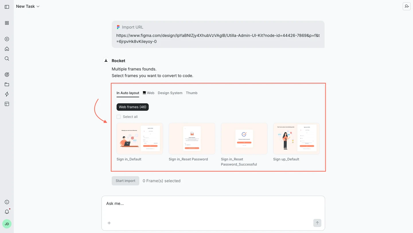 Frame selection panel showing Web frames tab with thumbnails and a Start import button.