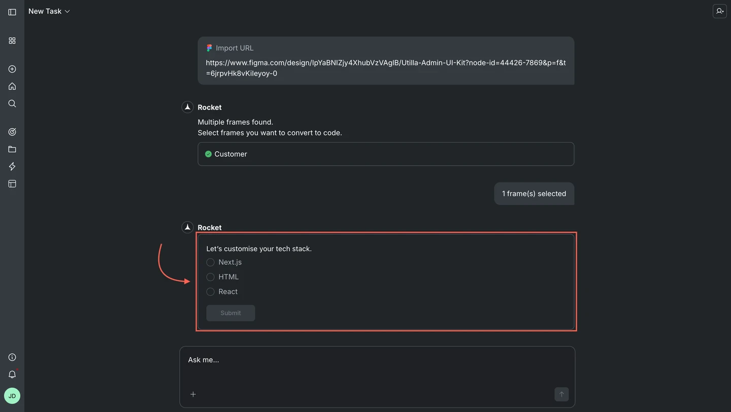 Tech stack selection showing Next.js, HTML, and React radio button options.