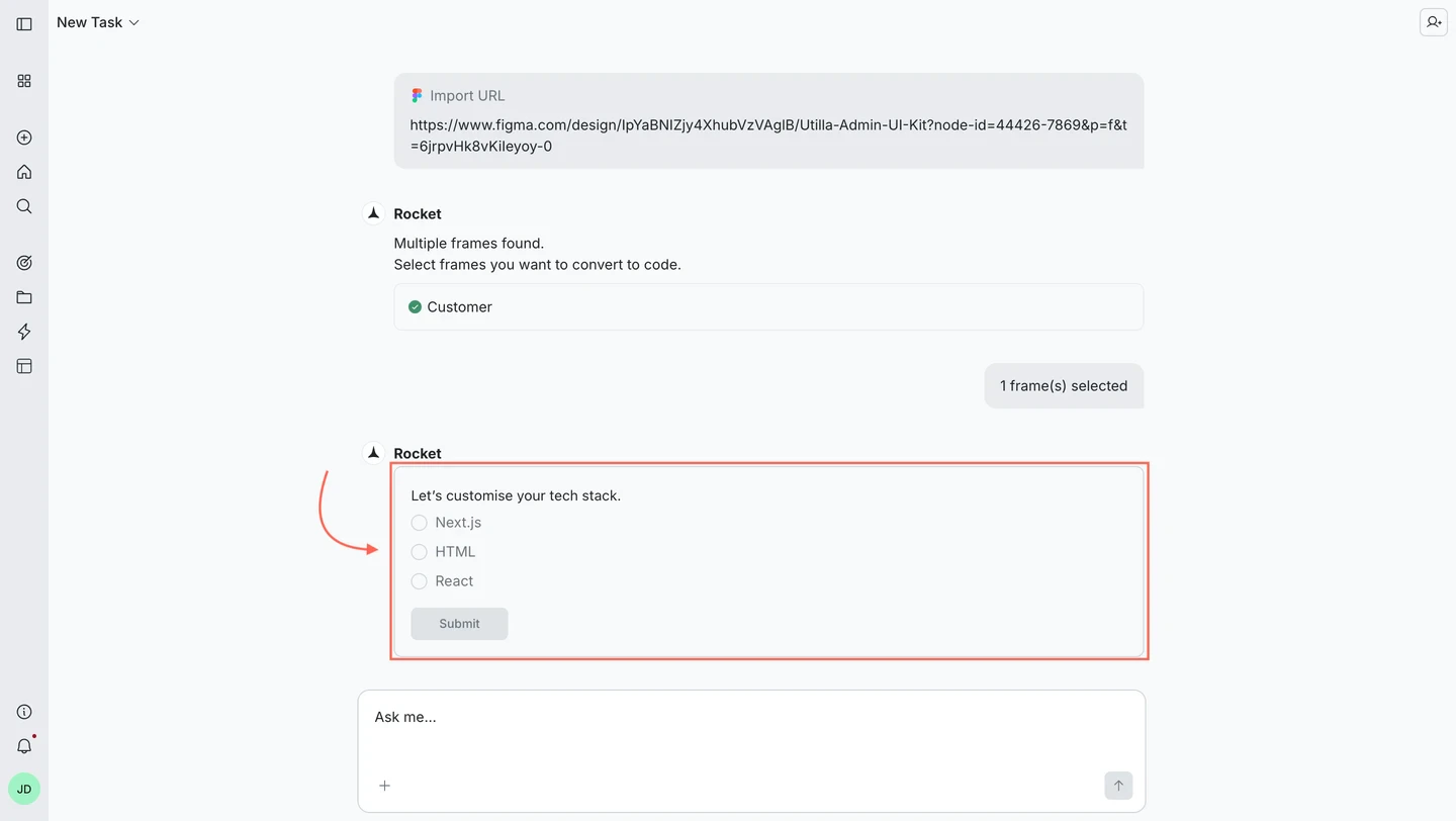 Tech stack selection showing Next.js, HTML, and React radio button options.