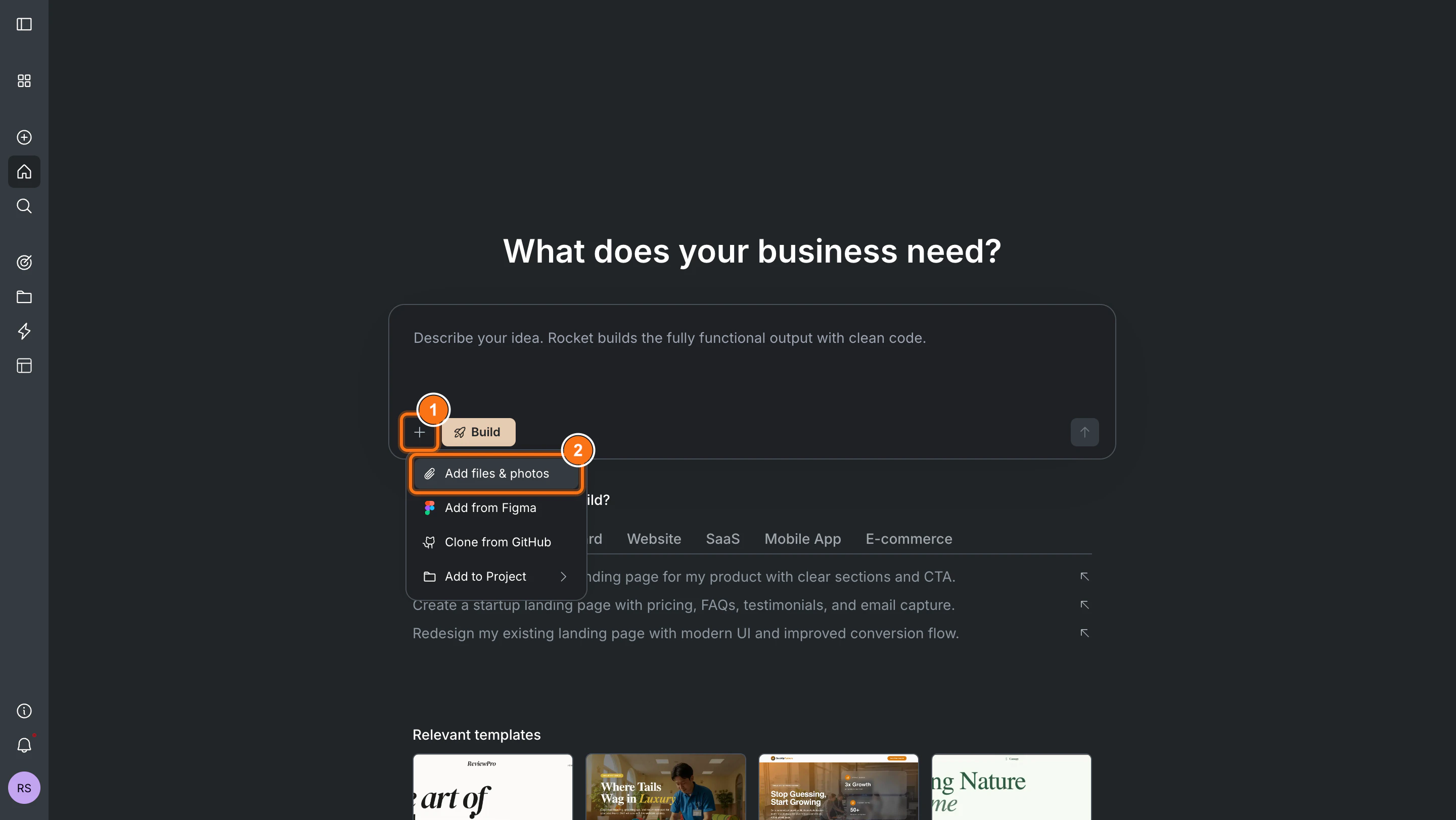 The + button and Add files and photos option in the Rocket input box.