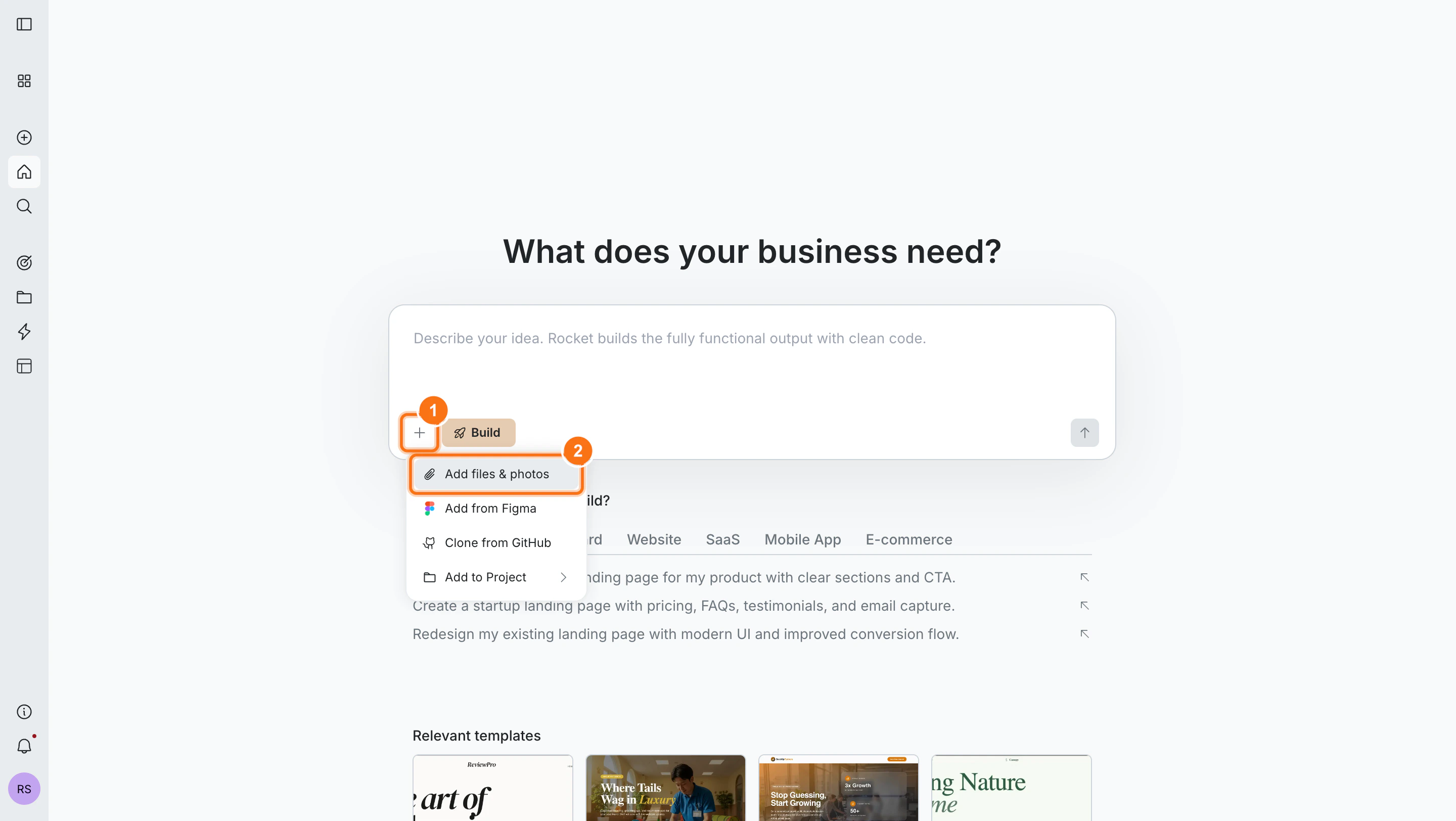 The + button and Add files and photos option in the Rocket input box.