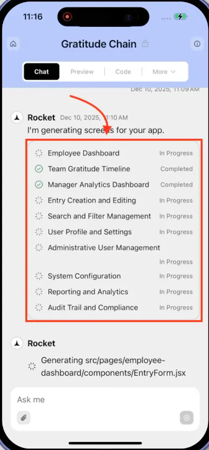Inline build progress in the mobile app showing current file and action.