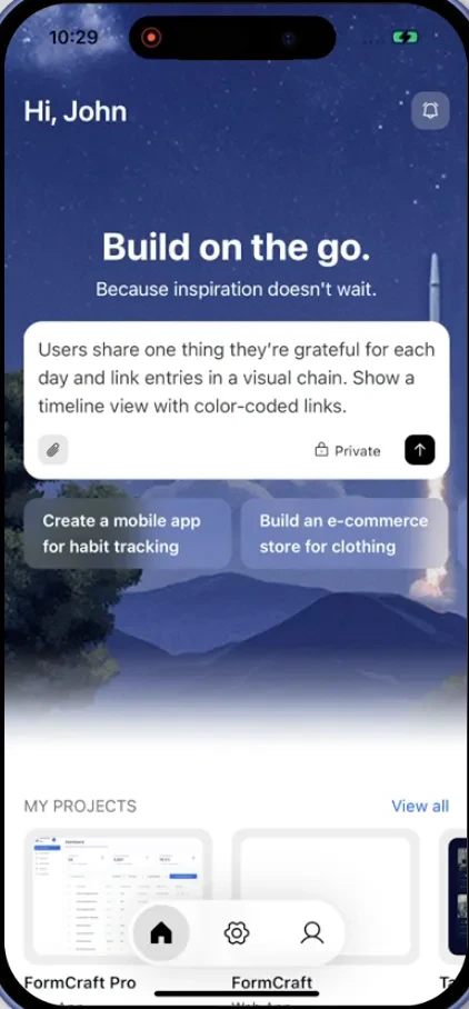 Mobile chat field where you enter your app idea for Rocket to build from.
