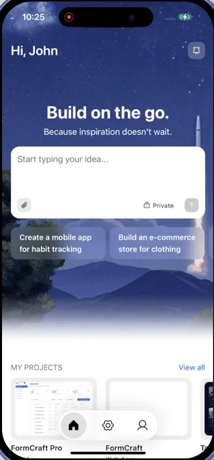 Mobile app home screen with the idea input field ready to receive a prompt.