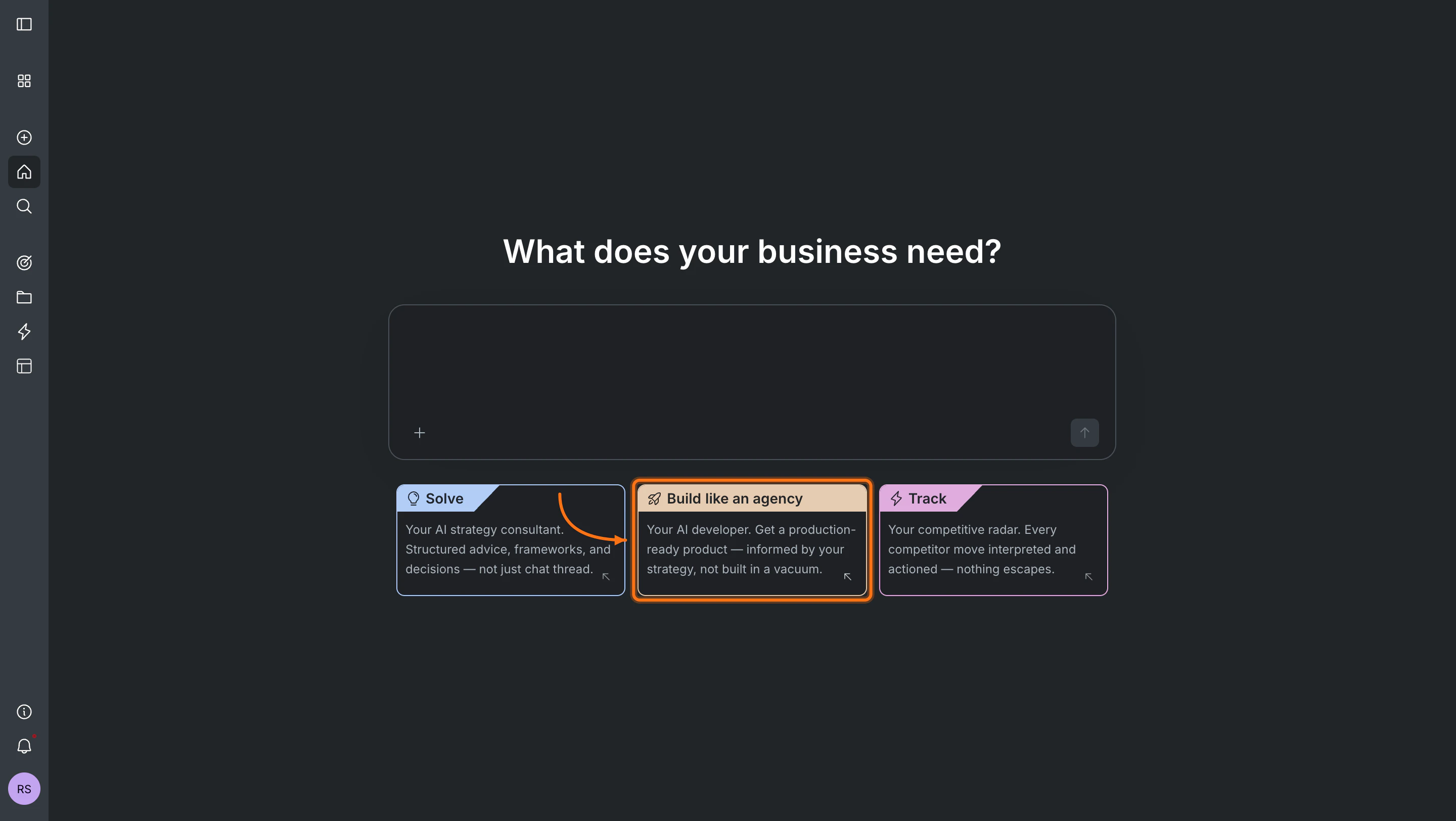 Rocket homepage with Build option selected to start a new Build task.