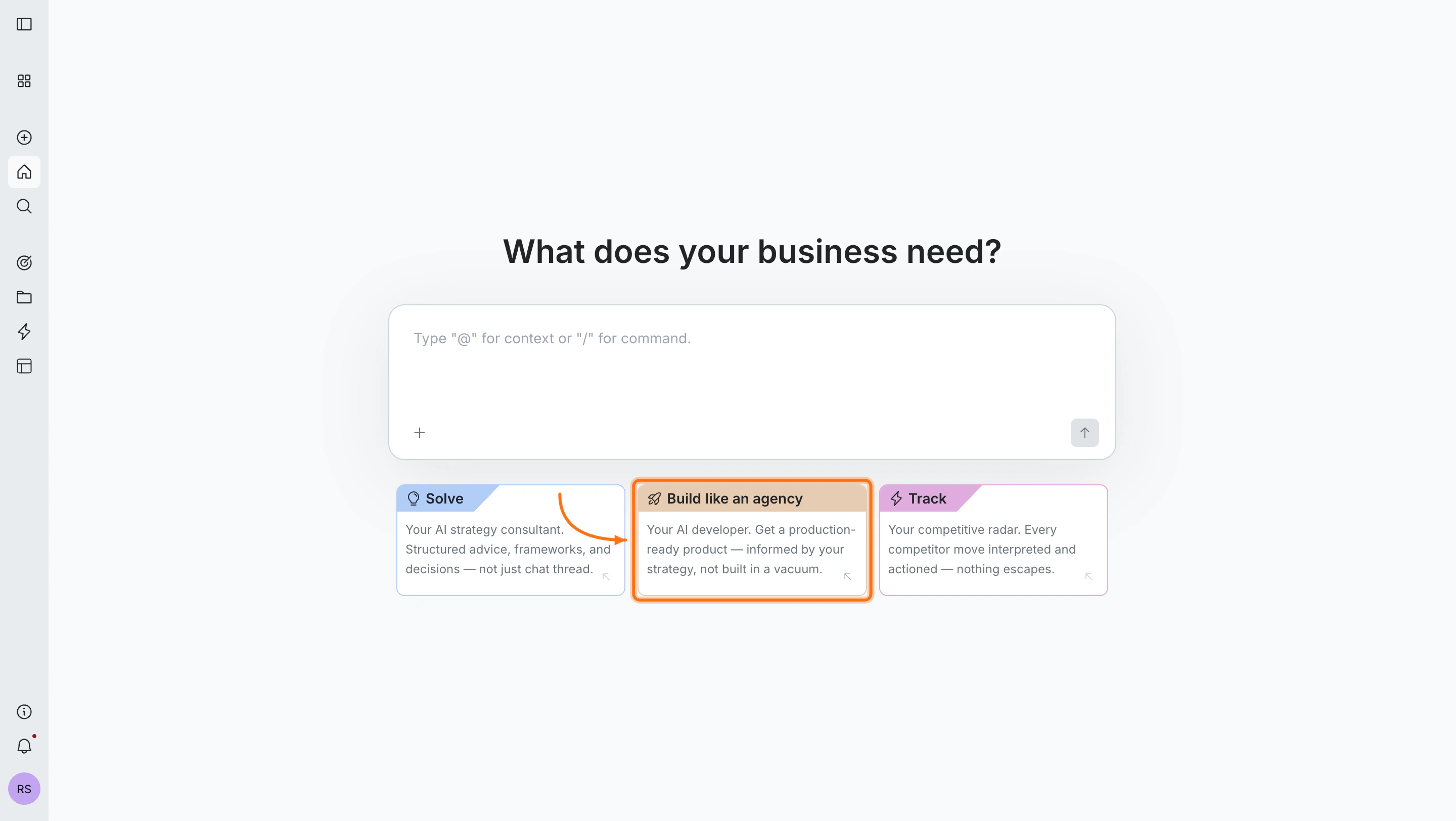 Rocket homepage with Build option selected to start a new Build task.
